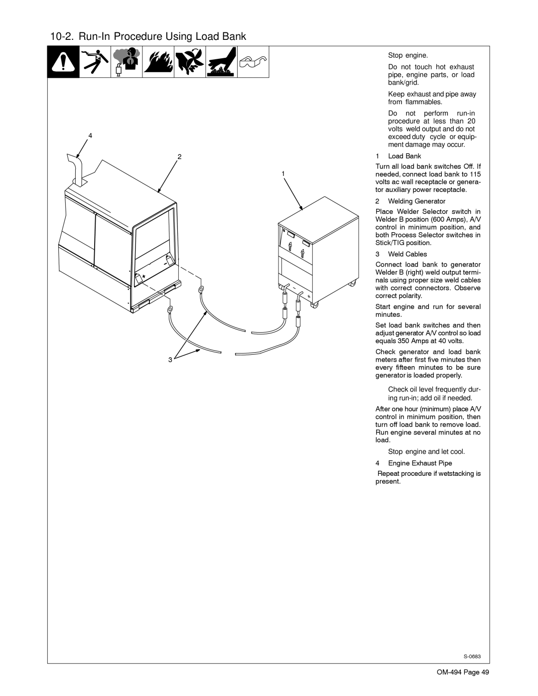 Miller Electric Miller DU-OP manual Run-In Procedure Using Load Bank, 4exceed duty cycle or equip- ment damage may occur 