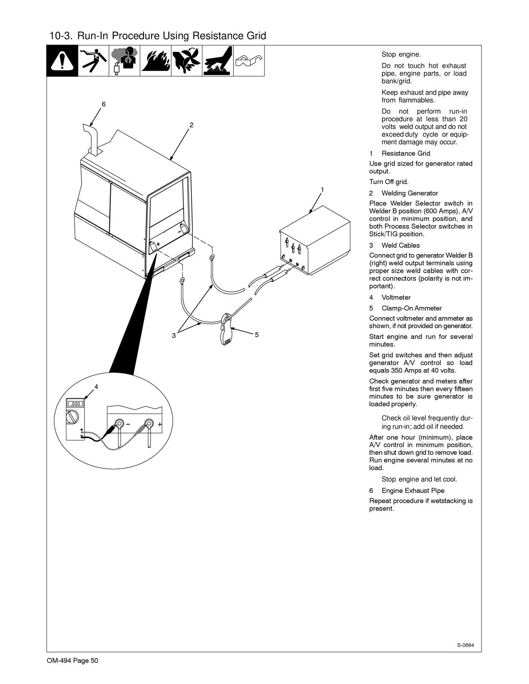 Miller Electric Miller DU-OP Run-In Procedure Using Resistance Grid, Bank/grid, From flammables, Do not perform run-in 