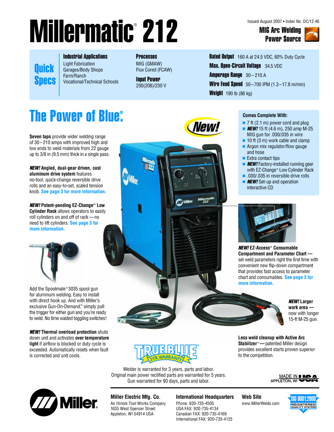 Miller Electric Millermatic 212 manual Power of Blue, Power Source, Miller Electric Mfg. Co, Web Site 