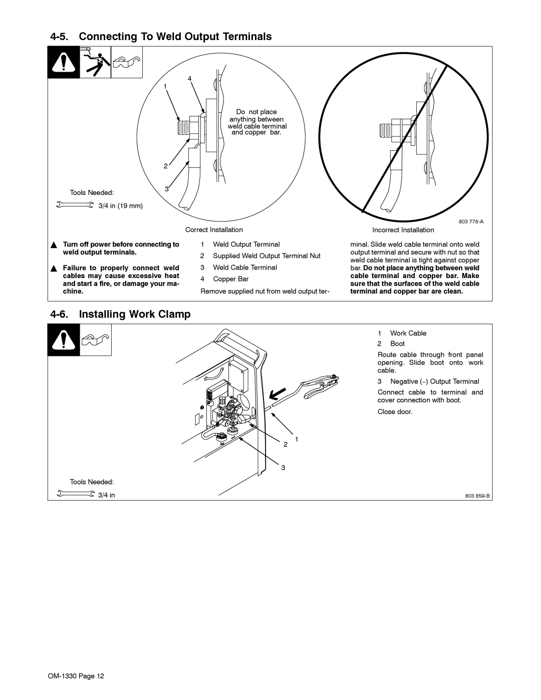 Miller Electric Millermatic DVI, M-10 Gun manual Connecting To Weld Output Terminals, Installing Work Clamp 