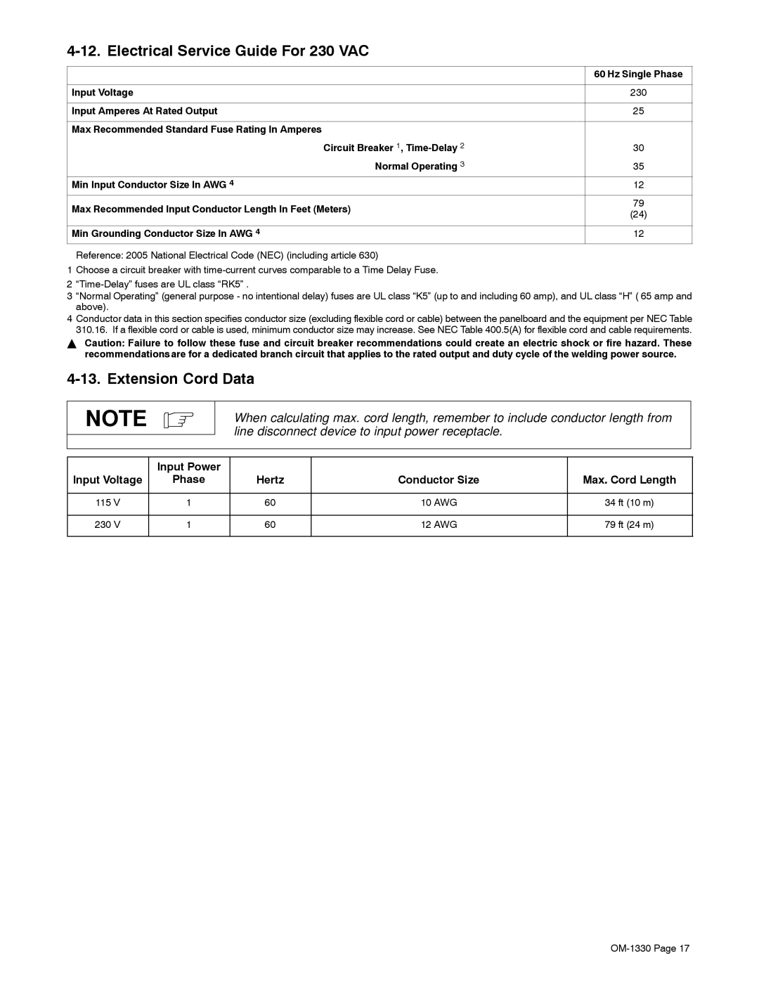 Miller Electric M-10 Gun, Millermatic DVI manual Electrical Service Guide For 230 VAC, Extension Cord Data, Hz Single Phase 