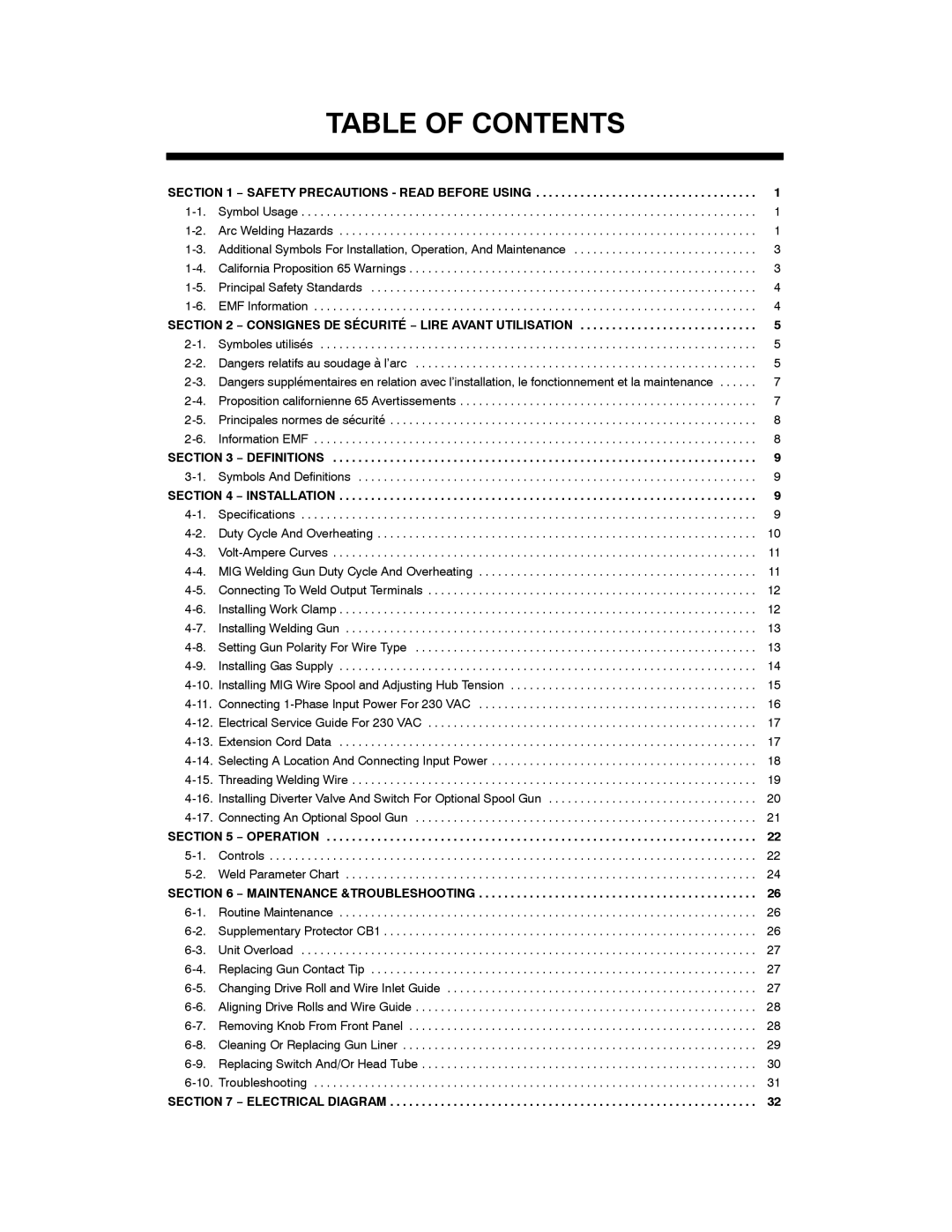 Miller Electric M-10 Gun, Millermatic DVI manual Table of Contents 