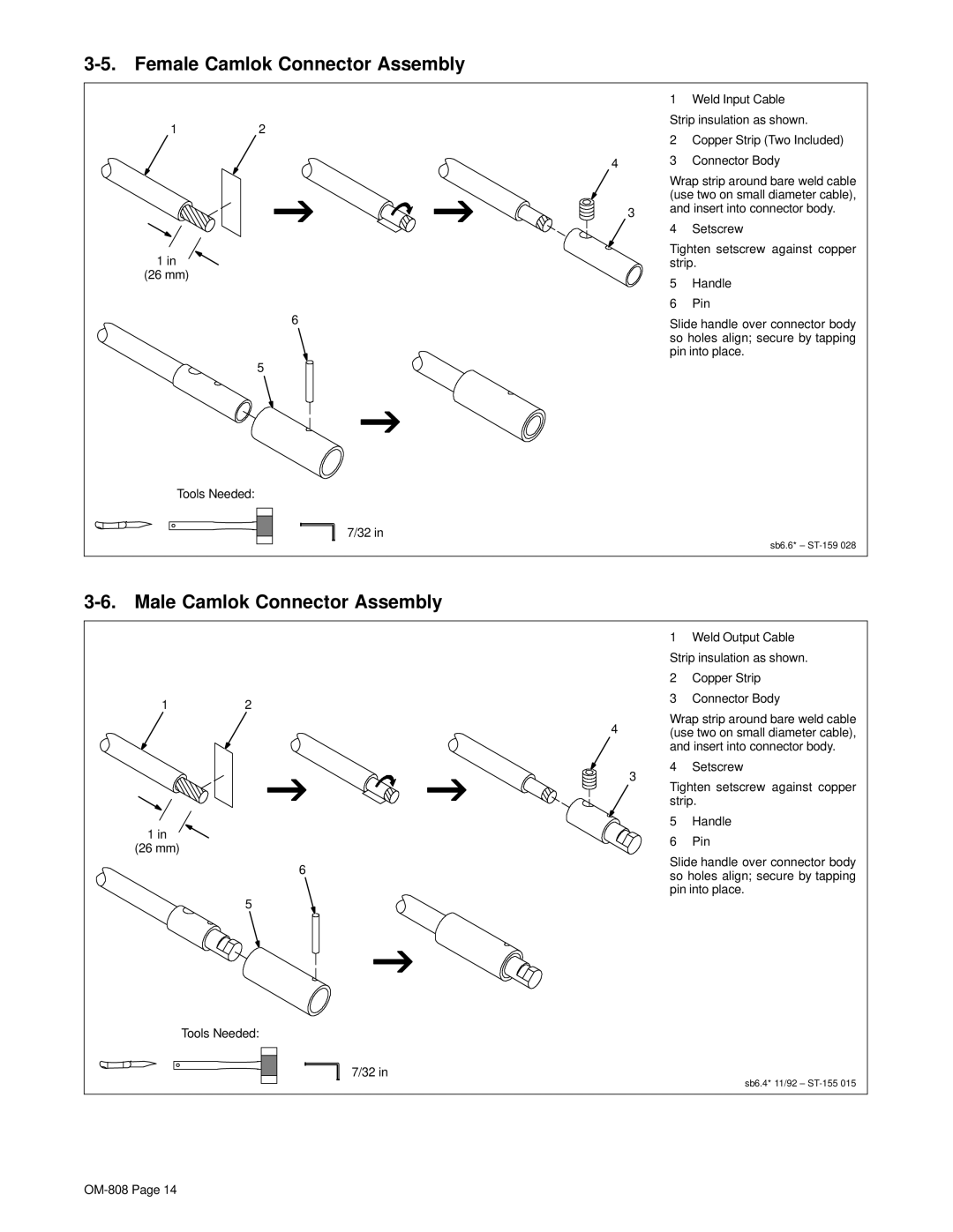 Miller Electric MOG-300, MOG-350, MOG-250, MOG-Pak, MOG-400 Female Camlok Connector Assembly, Male Camlok Connector Assembly 