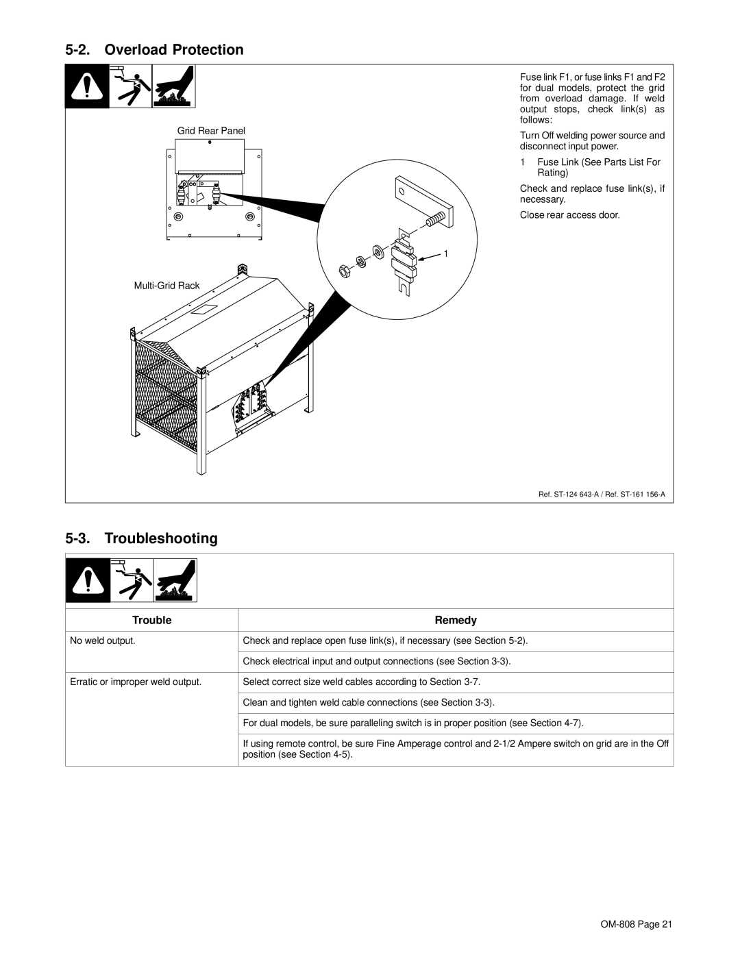 Miller Electric MOG-350, MOG-300, MOG-250, MOG-Pak, MOG-400, RGC manual Overload Protection, Troubleshooting 