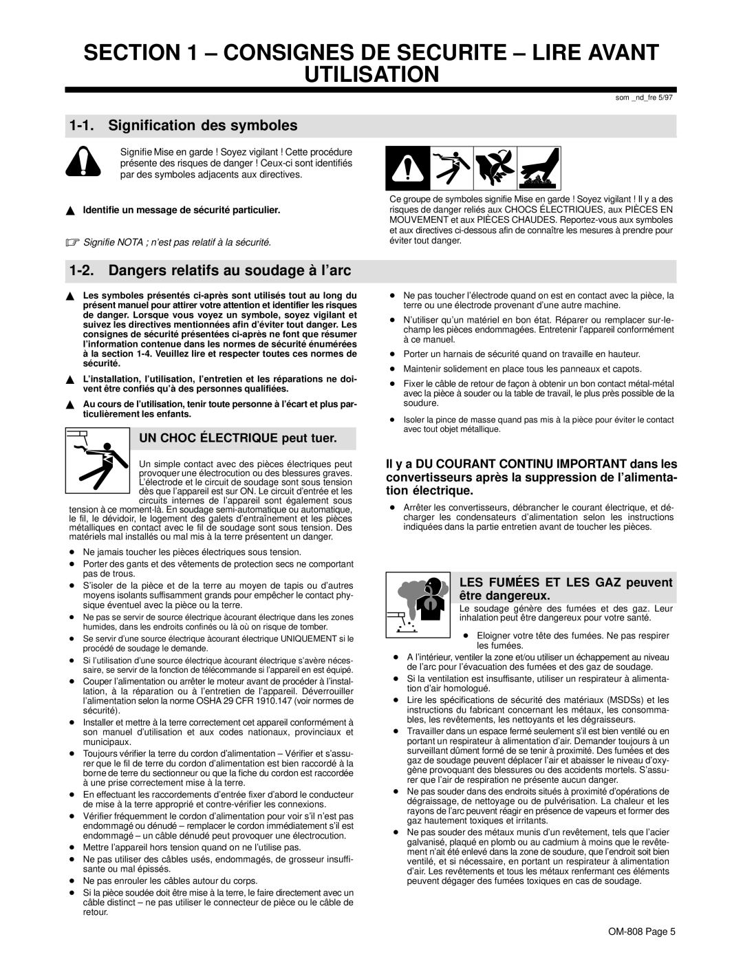 Miller Electric MOG-Pak, MOG-300, MOG-350, MOG-250 Consignes DE Securite Lire Avant Utilisation, Signification des symboles 