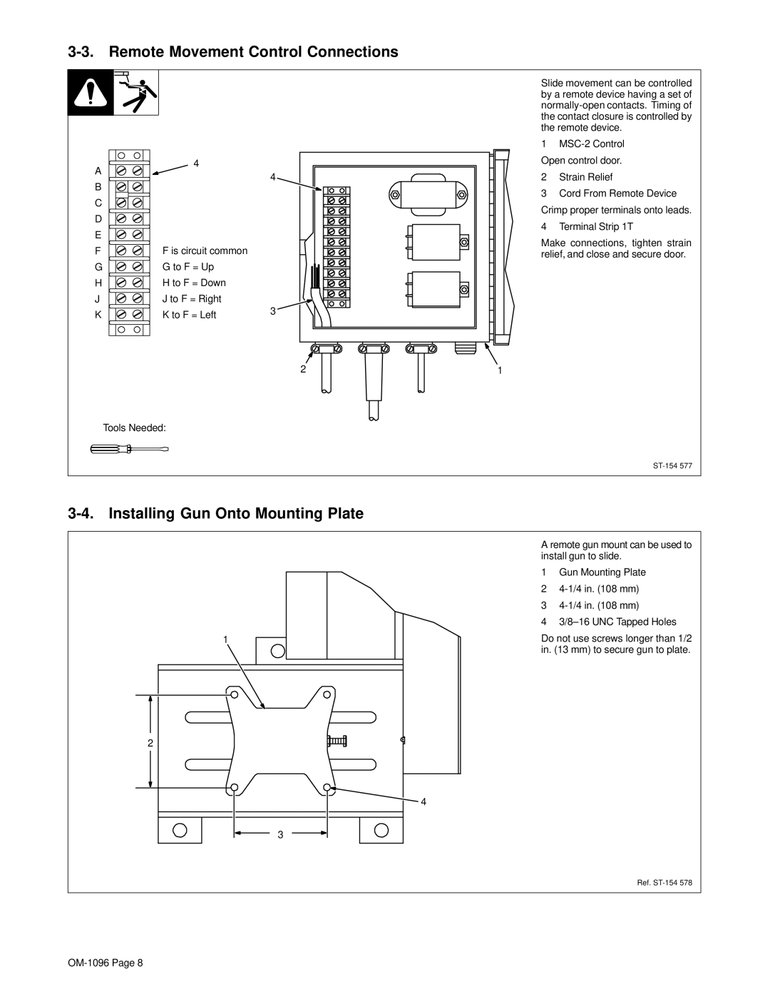 Miller Electric MSC-2 manual Remote Movement Control Connections, Installing Gun Onto Mounting Plate 