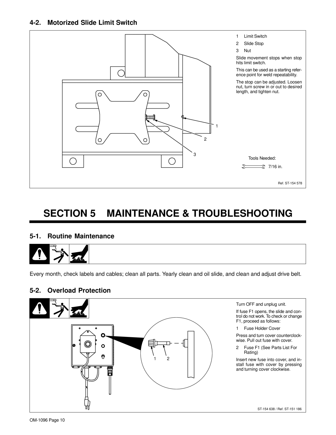 Miller Electric MSC-2 manual Maintenance & Troubleshooting, Motorized Slide Limit Switch, Routine Maintenance 