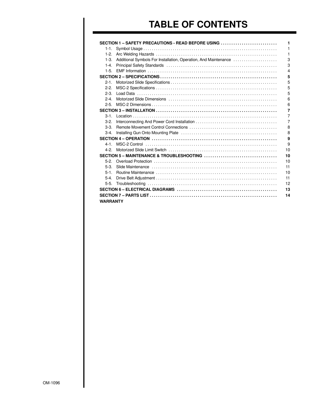 Miller Electric MSC-2 manual Table of Contents 