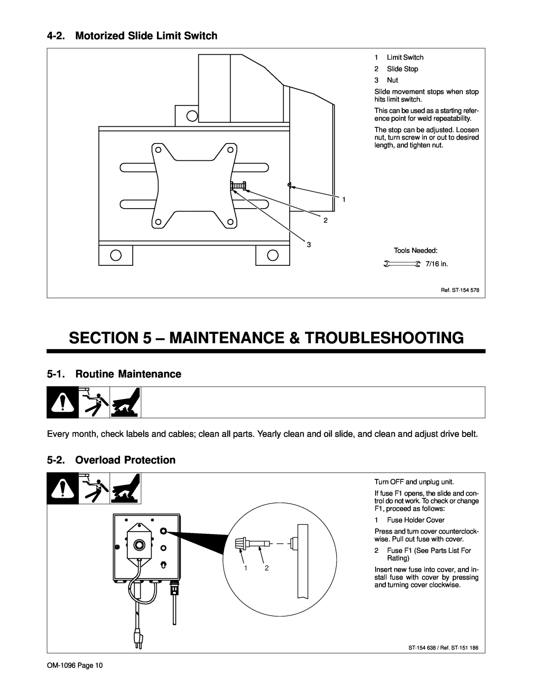 Miller Electric MSC-2 manual Maintenance & Troubleshooting, Motorized Slide Limit Switch, Routine Maintenance 