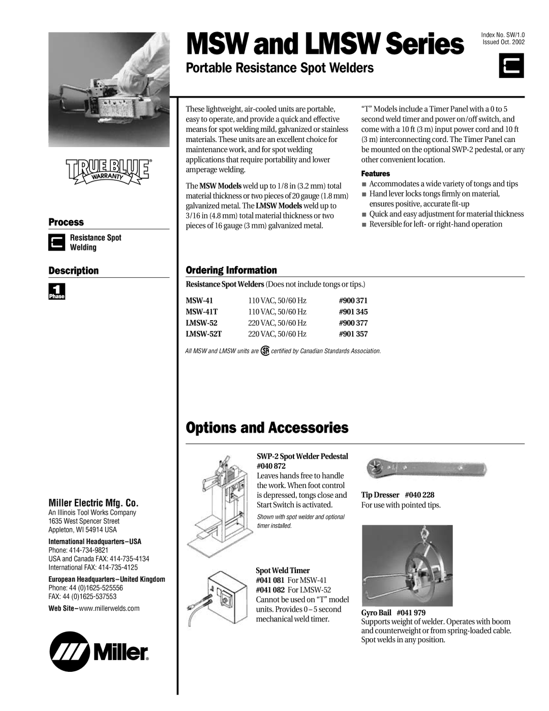 Miller Electric LMSW Series manual Process, Description Ordering Information, 220 VAC, 50/60 Hz #901, Gyro Bail #041 