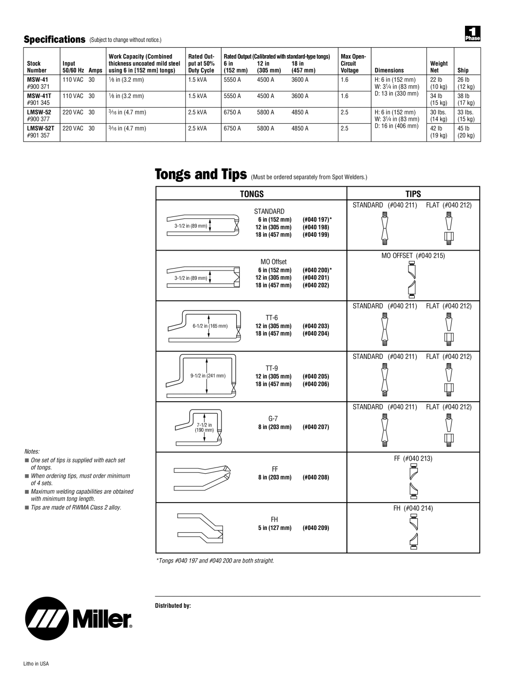 Miller Electric LMSW Series manual MSW-41T, LMSW-52T, Standard 