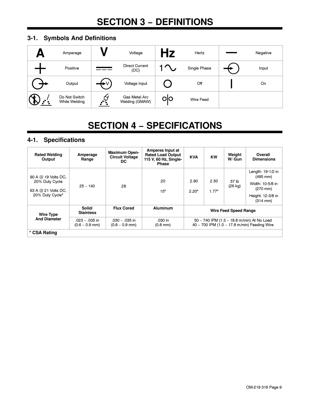 Miller Electric H-10, MW 140 Plus warranty Specifications, Symbols And Definitions 