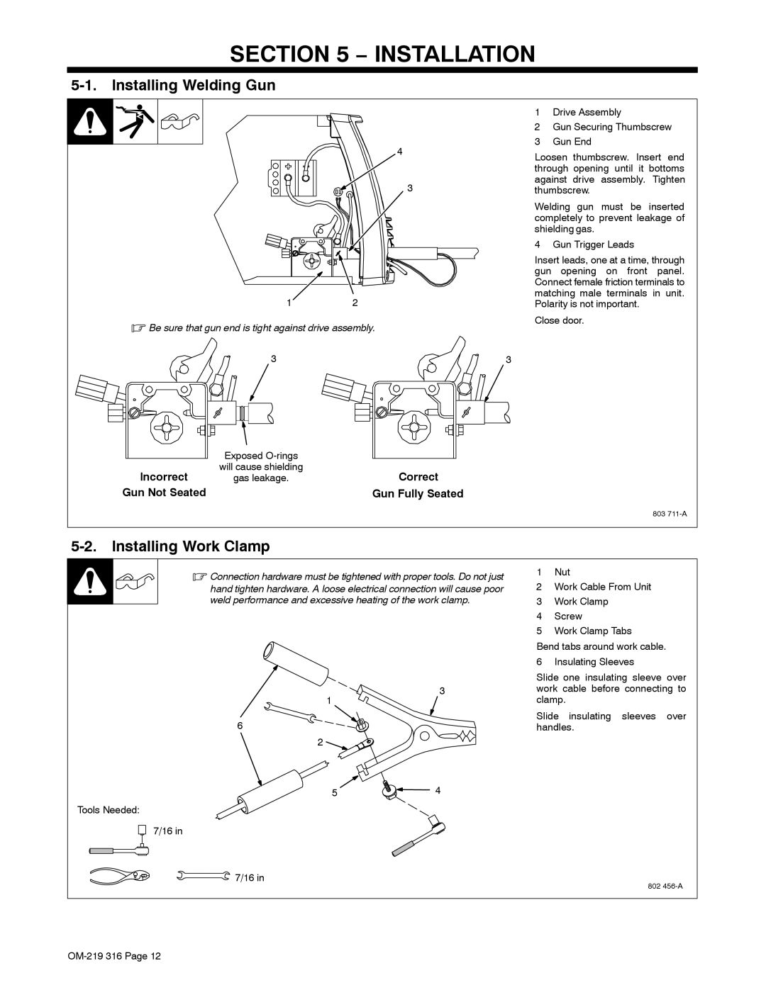 Miller Electric MW 140 Plus, H-10 warranty Installation, Installing Welding Gun, Incorrect, Correct 