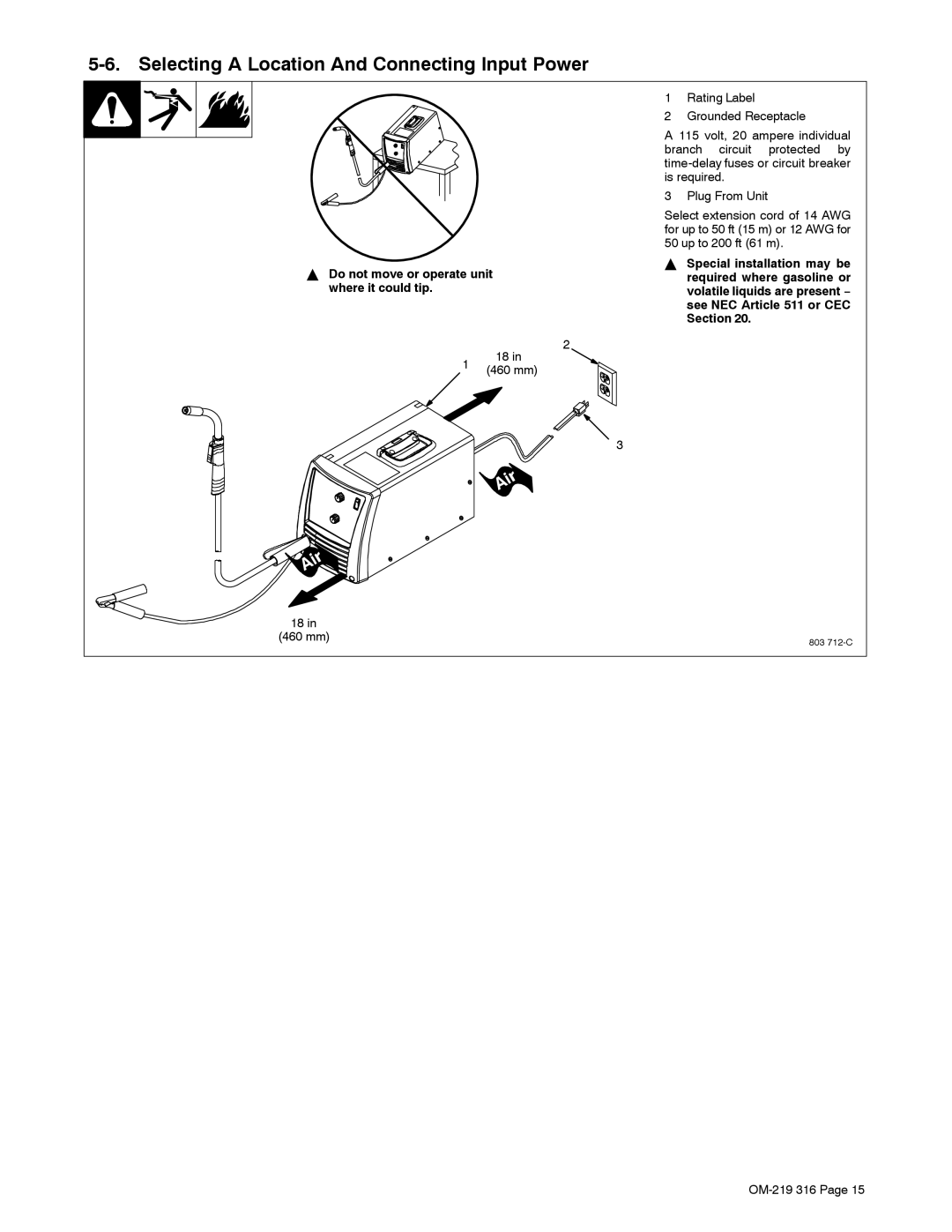 Miller Electric H-10 Selecting a Location And Connecting Input Power, Do not move or operate unit where it could tip 