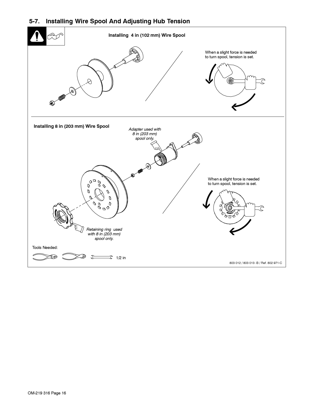 Miller Electric MW 140 Plus, H-10 Installing Wire Spool And Adjusting Hub Tension, Installing 8 in 203 mm Wire Spool 