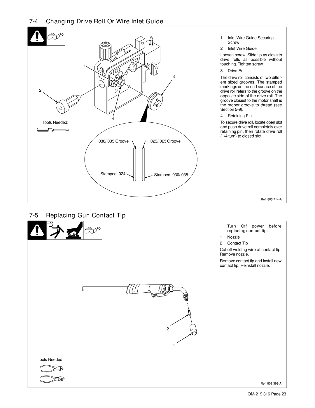 Miller Electric H-10, MW 140 Plus warranty Changing Drive Roll Or Wire Inlet Guide, Replacing Gun Contact Tip 