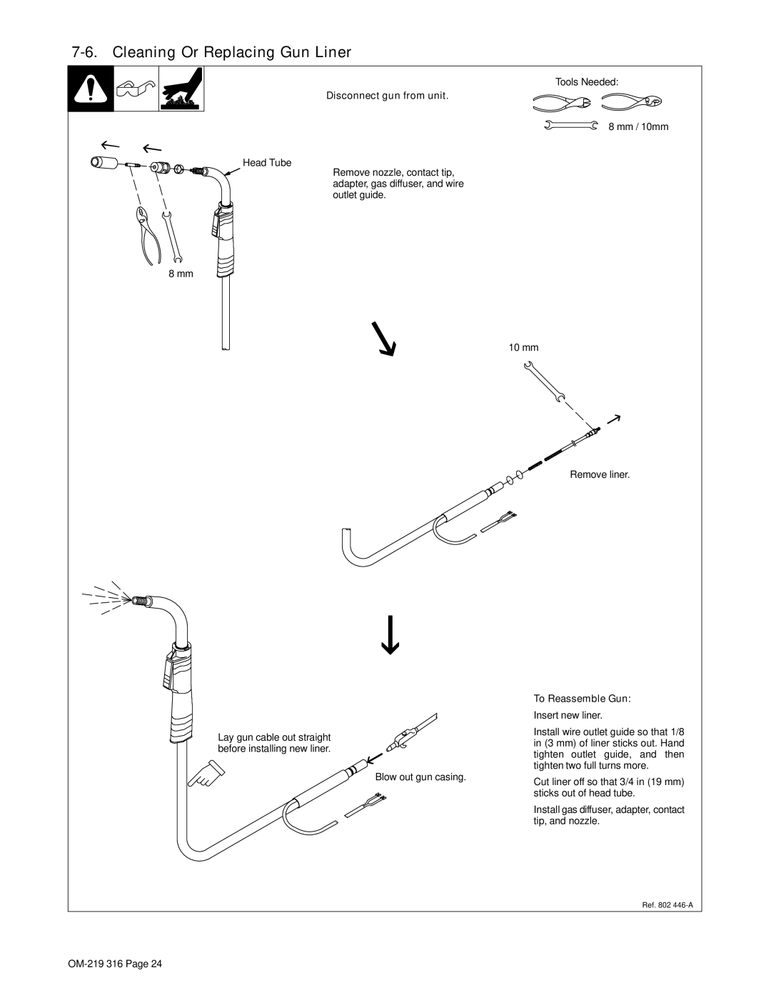 Miller Electric MW 140 Plus, H-10 warranty Cleaning Or Replacing Gun Liner, Disconnect gun from unit, To Reassemble Gun 