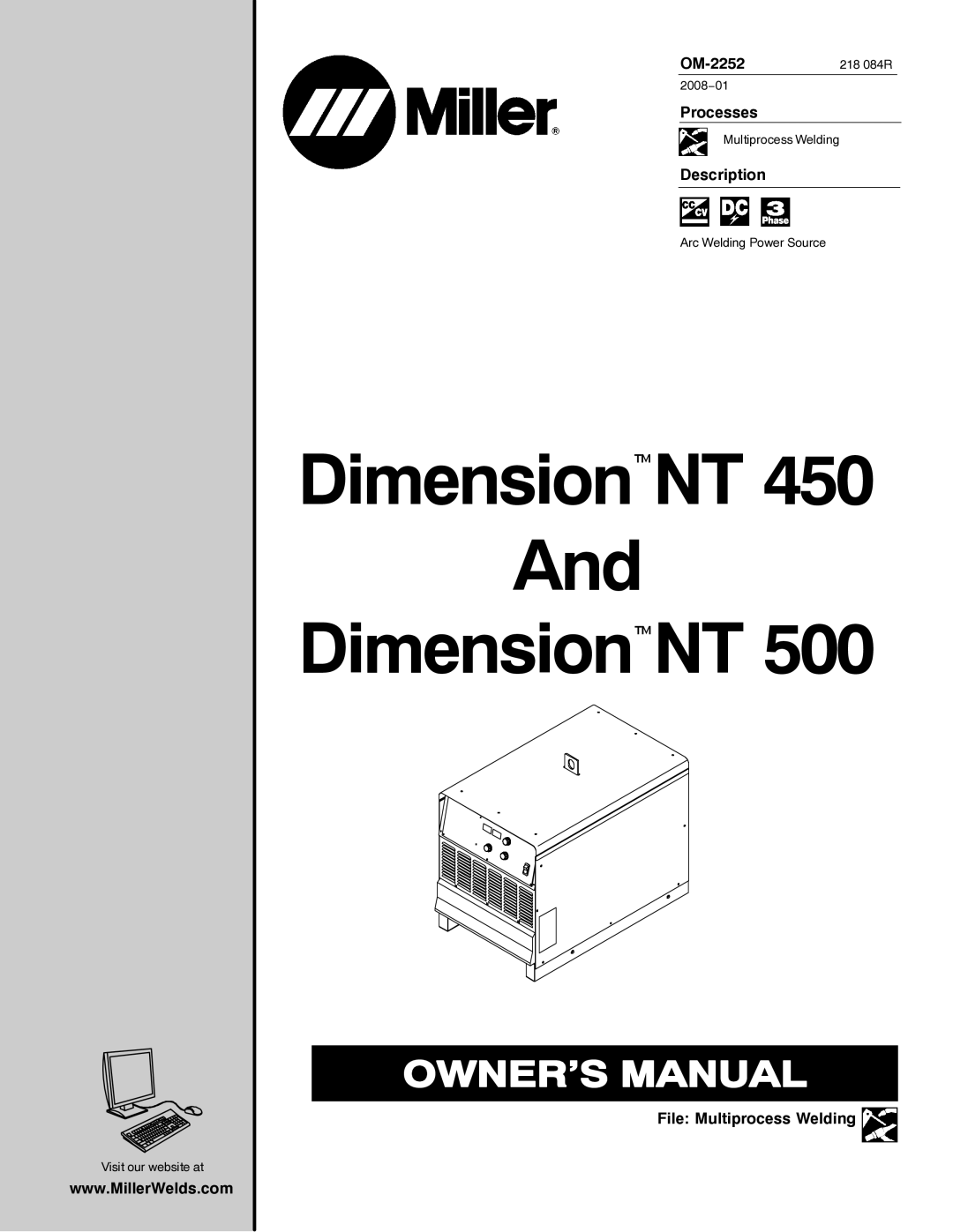 Miller Electric NT 450, NT 500 manual OM-2252218 084R, Processes, Description, File Multiprocess Welding 