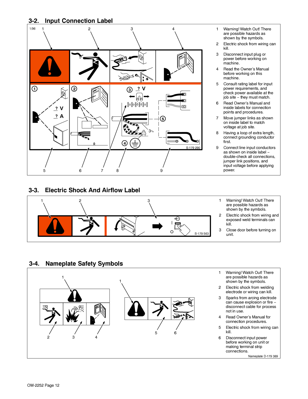 Miller Electric NT 450, NT 500 Input Connection Label, Electric Shock And Airflow Label, Nameplate Safety Symbols, ? a 