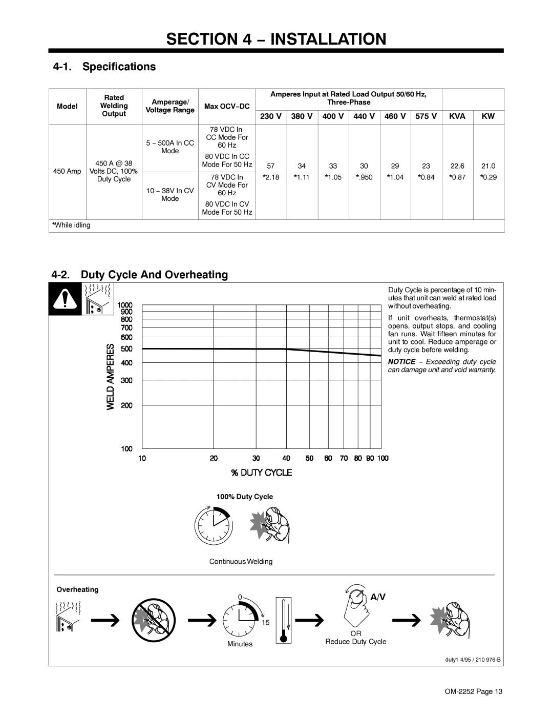 Miller Electric NT 450, NT 500 manual Installation, Specifications, Duty Cycle And Overheating 