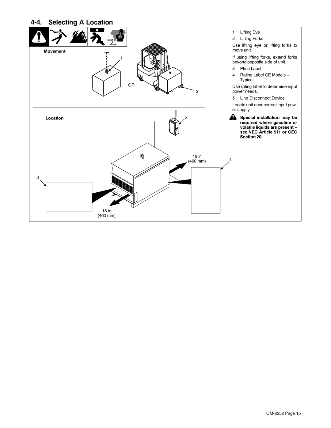 Miller Electric NT 450, NT 500 manual Selecting a Location, Movement, 460 mm, mm OM-2252 