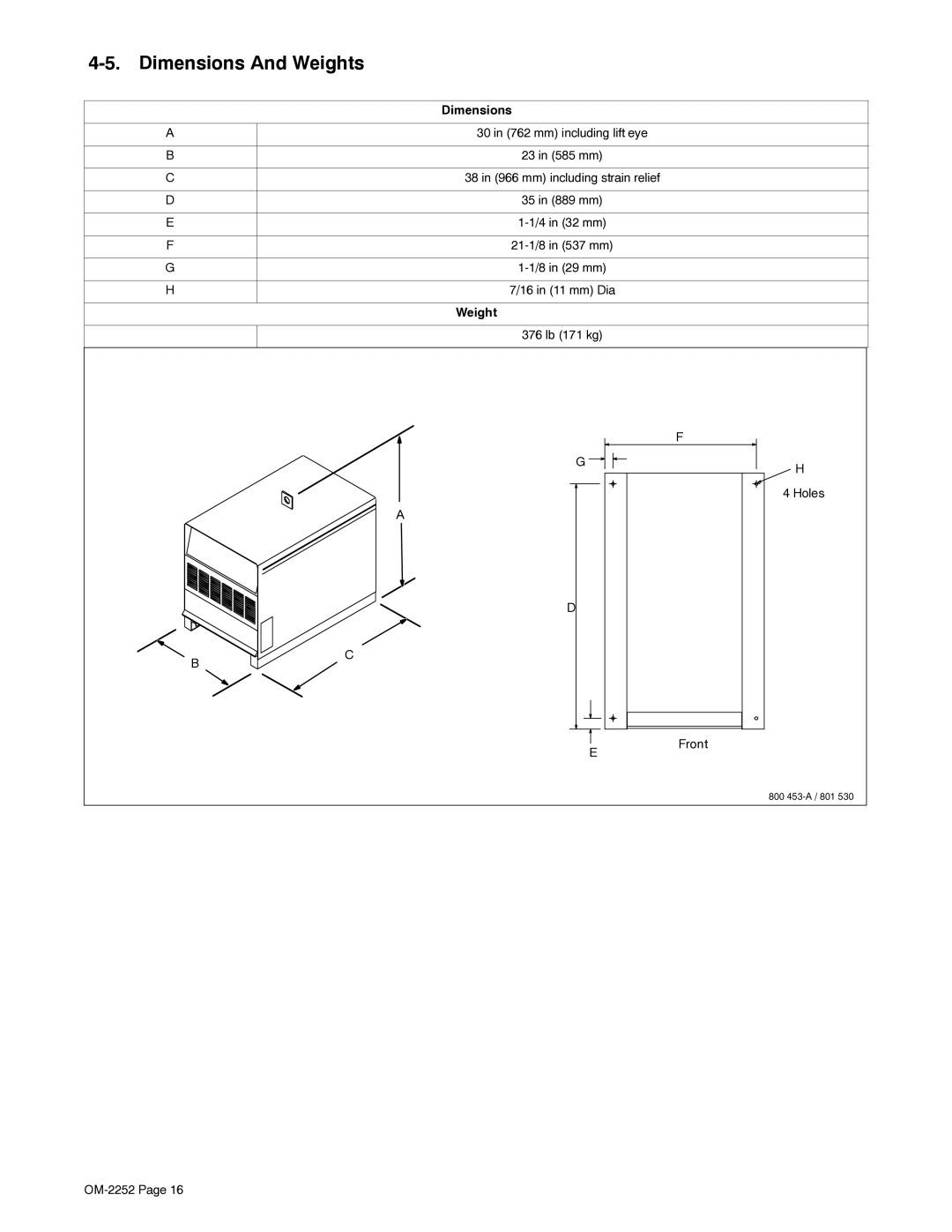 Miller Electric NT 450, NT 500 manual Dimensions And Weights, 376 lb 171 kg Holes EFront 