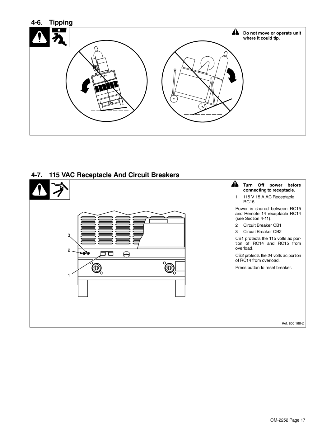 Miller Electric NT 450, NT 500 manual Tipping, VAC Receptacle And Circuit Breakers 