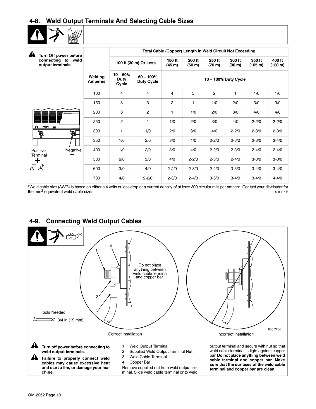 Miller Electric NT 450, NT 500 manual Weld Output Terminals And Selecting Cable Sizes, Connecting Weld Output Cables 