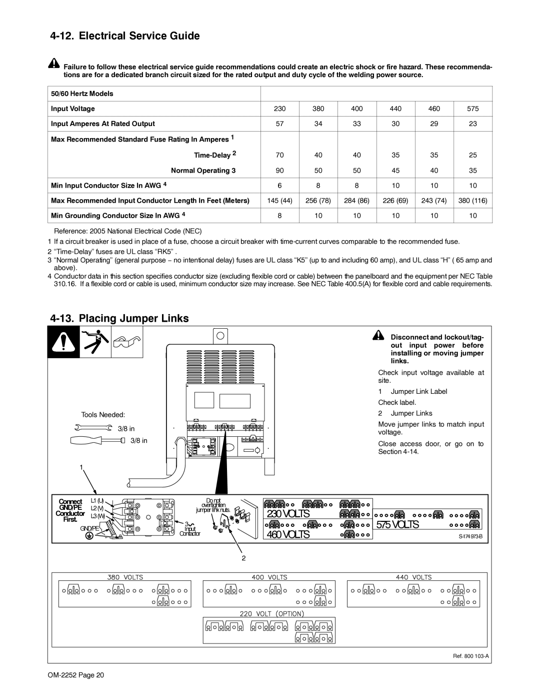 Miller Electric NT 450, NT 500 manual Electrical Service Guide, Placing Jumper Links 