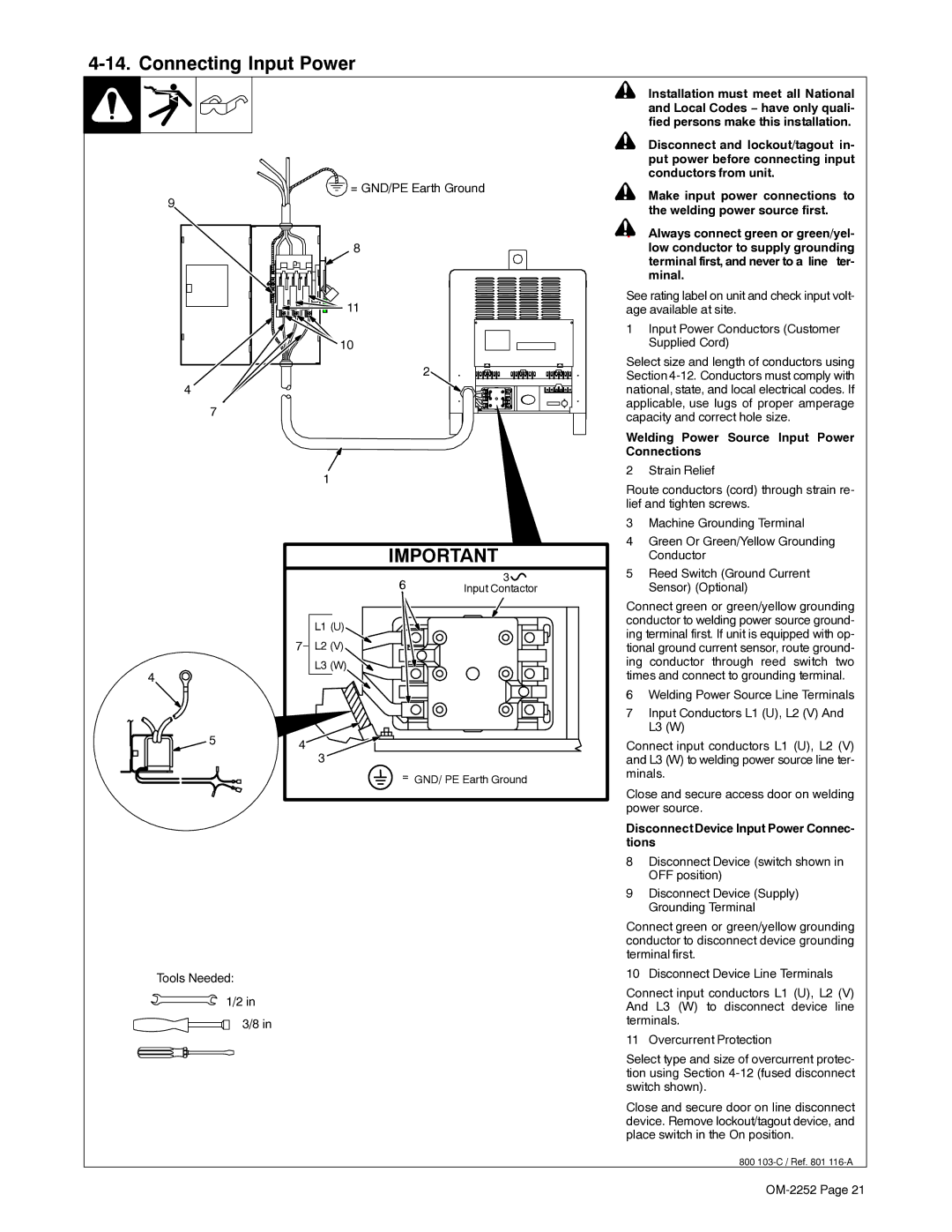 Miller Electric NT 450, NT 500 manual Connecting Input Power, = GND/PE Earth Ground, Tools Needed 1/2 