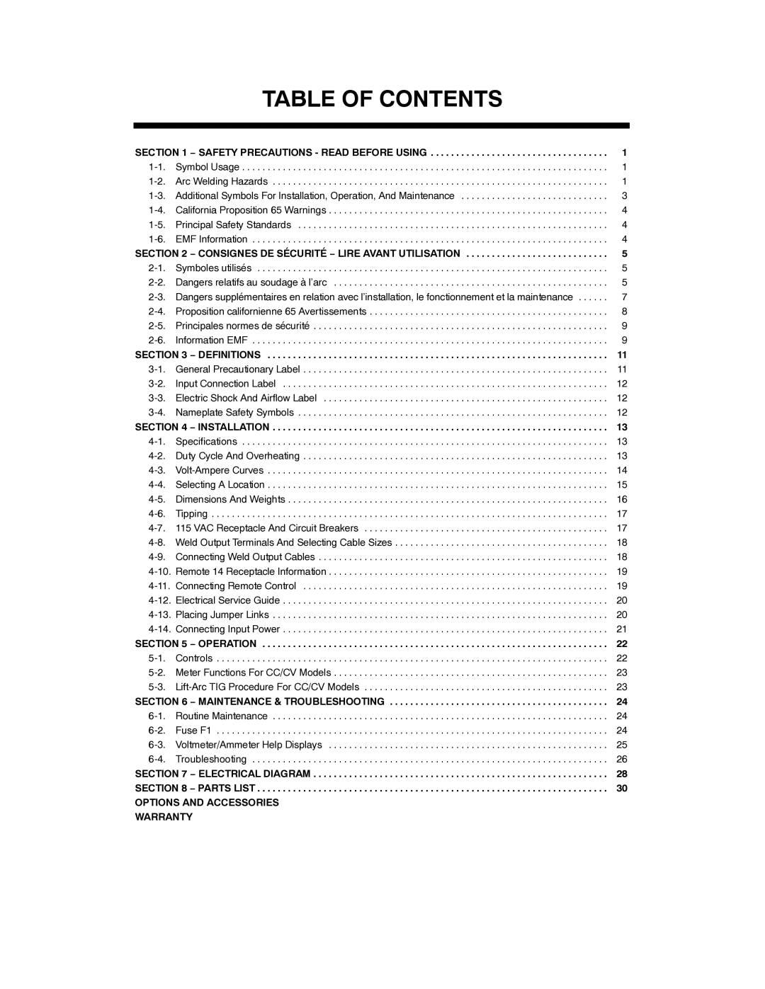 Miller Electric NT 450, NT 500 manual Table of Contents 