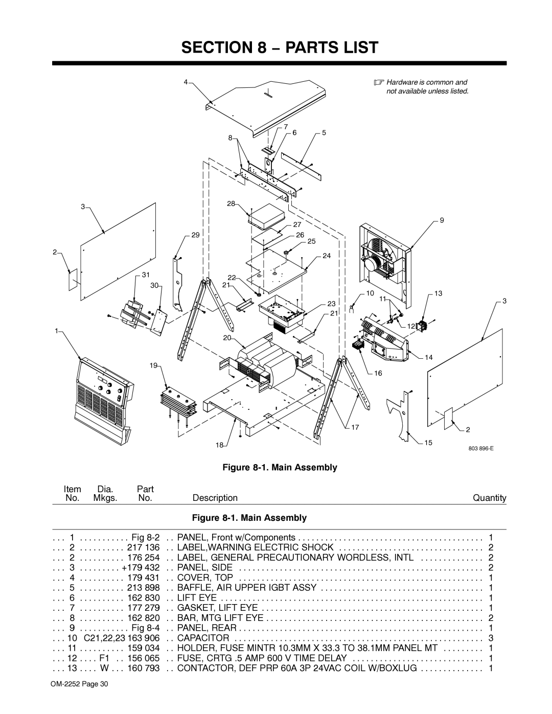 Miller Electric NT 450, NT 500 manual Parts List, Main Assembly 