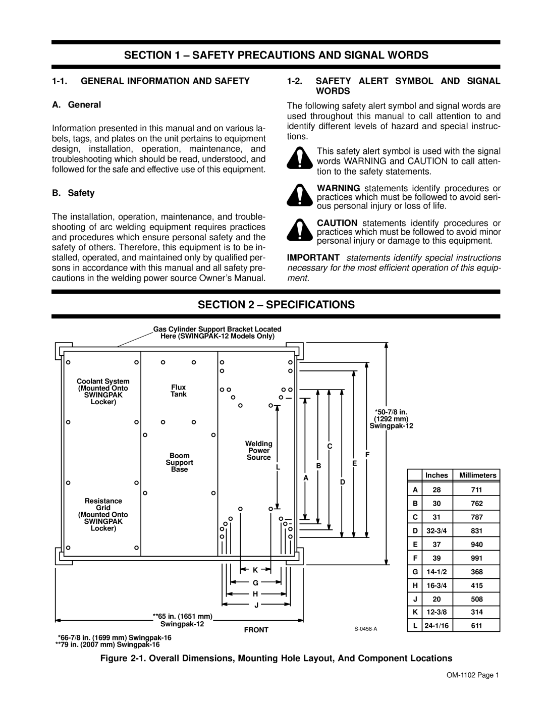 Miller Electric OM-1102 manual Safety Precautions and Signal Words, Specifications, General 