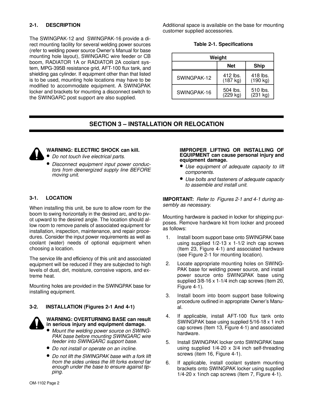 Miller Electric OM-1102 manual Installation or Relocation, Specifications Weight Net Ship, Installation Figures 2-1 