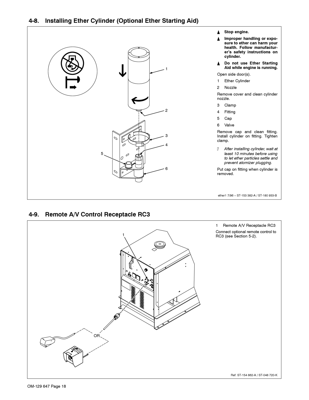 Miller Electric OM-129, 500DX R Installing Ether Cylinder Optional Ether Starting Aid, Remote A/V Control Receptacle RC3 