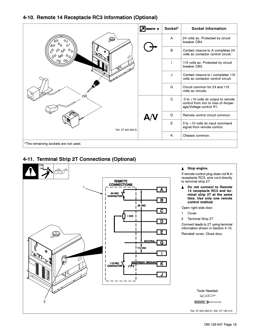 Miller Electric 500DX R Remote 14 Receptacle RC3 Information Optional, Terminal Strip 2T Connections Optional, Socket 