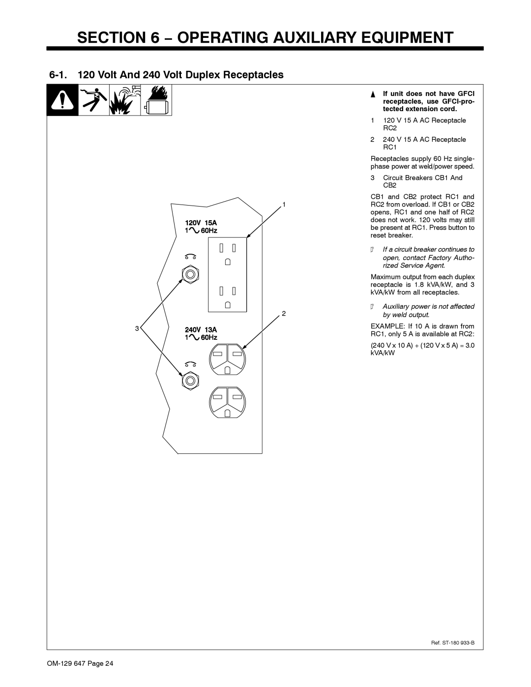 Miller Electric OM-129, 500DX R manual Operating Auxiliary Equipment, Volt And 240 Volt Duplex Receptacles 