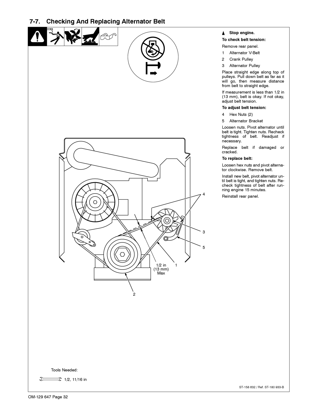 Miller Electric OM-129, 500DX R Checking And Replacing Alternator Belt, mm Max Tools Needed 11/16, To adjust belt tension 