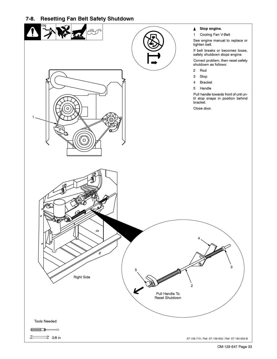 Miller Electric 500DX R, OM-129 manual Resetting Fan Belt Safety Shutdown 