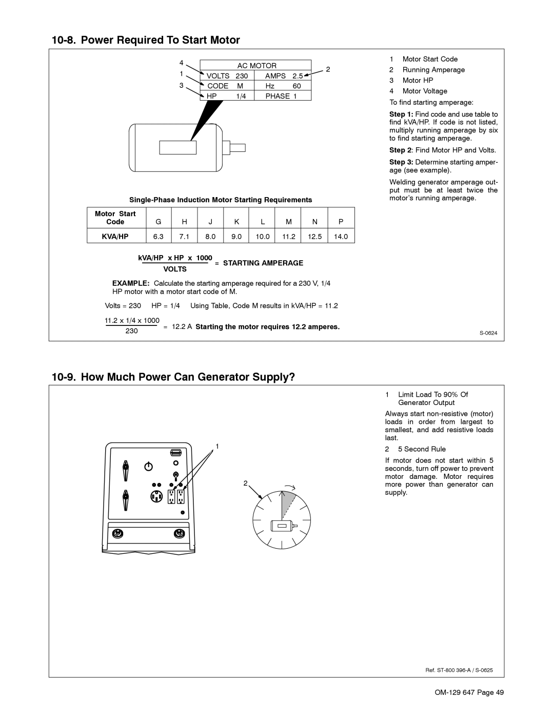 Miller Electric 500DX R, OM-129 manual Power Required To Start Motor, How Much Power Can Generator Supply? 