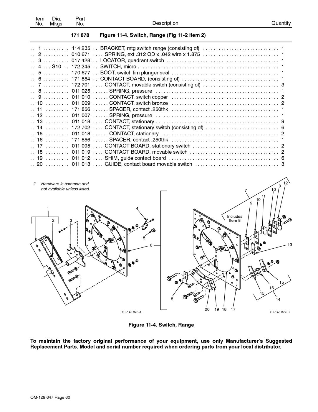 Miller Electric OM-129, 500DX R manual 171, Hardware is common Not available unless listed, Includes 