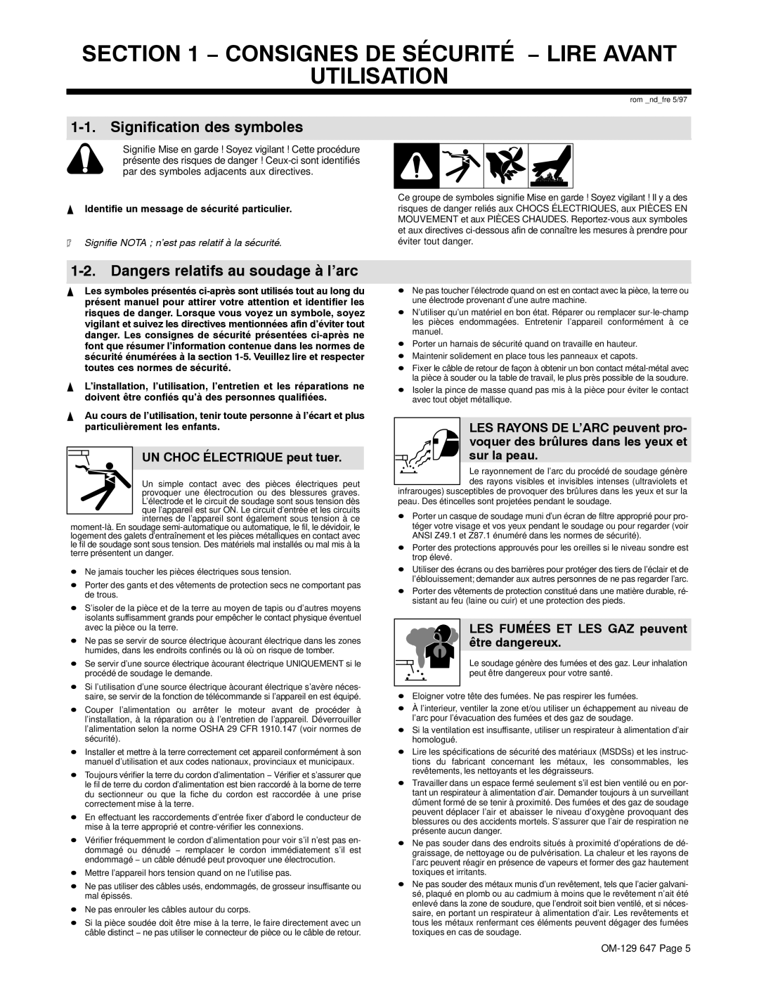 Miller Electric 500DX R, OM-129 manual Consignes DE Sécurité − Lire Avant Utilisation, Signification des symboles 