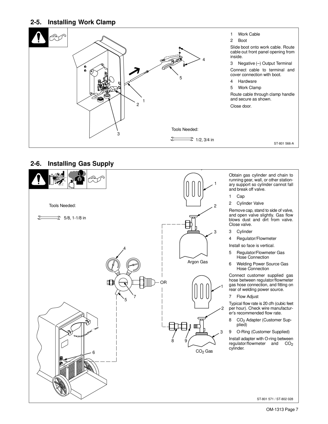 Miller Electric OM-1313 manual Installing Work Clamp, Installing Gas Supply 