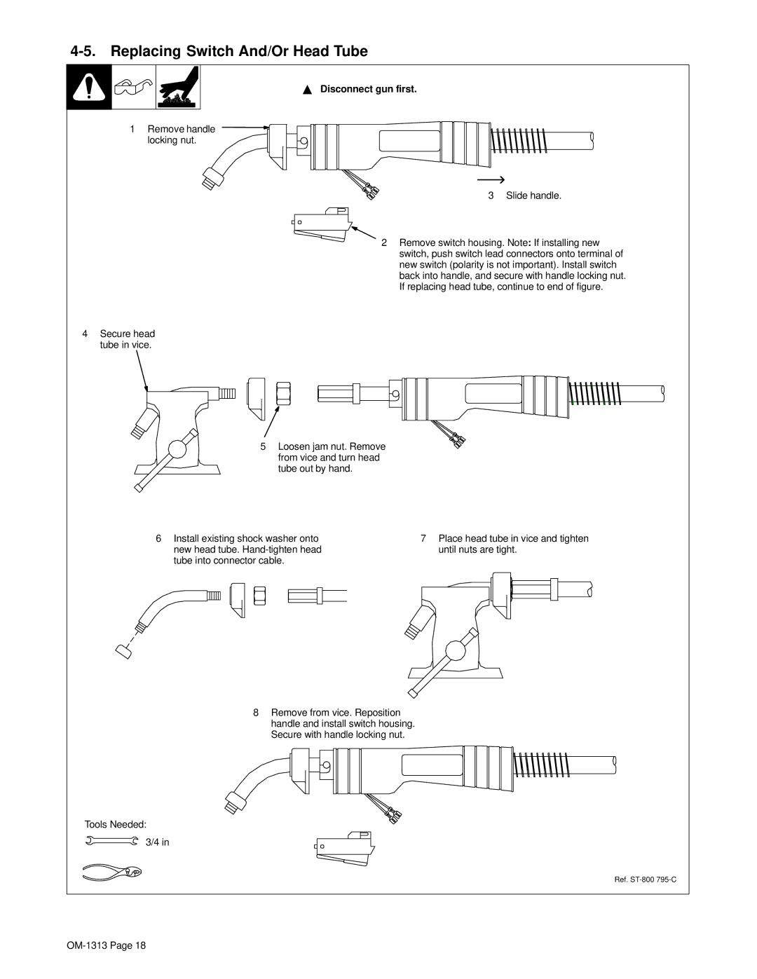 Miller Electric OM-1313 manual Replacing Switch And/Or Head Tube, Remove handle locking nut Slide handle 