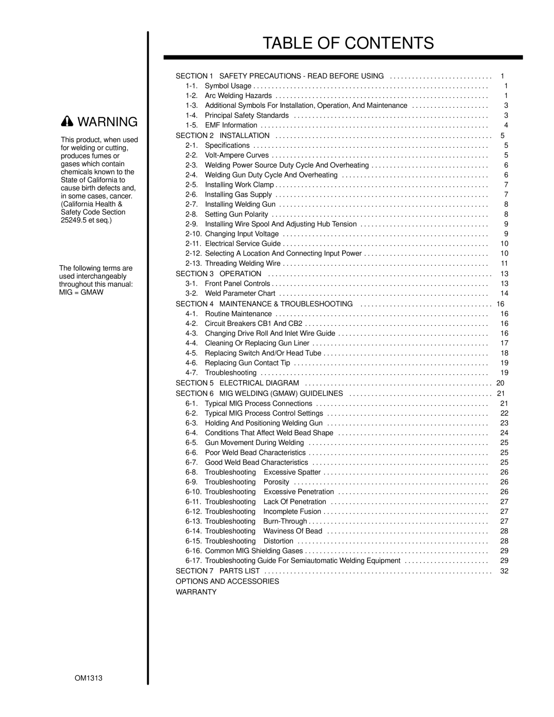 Miller Electric OM-1313 manual Table of Contents 