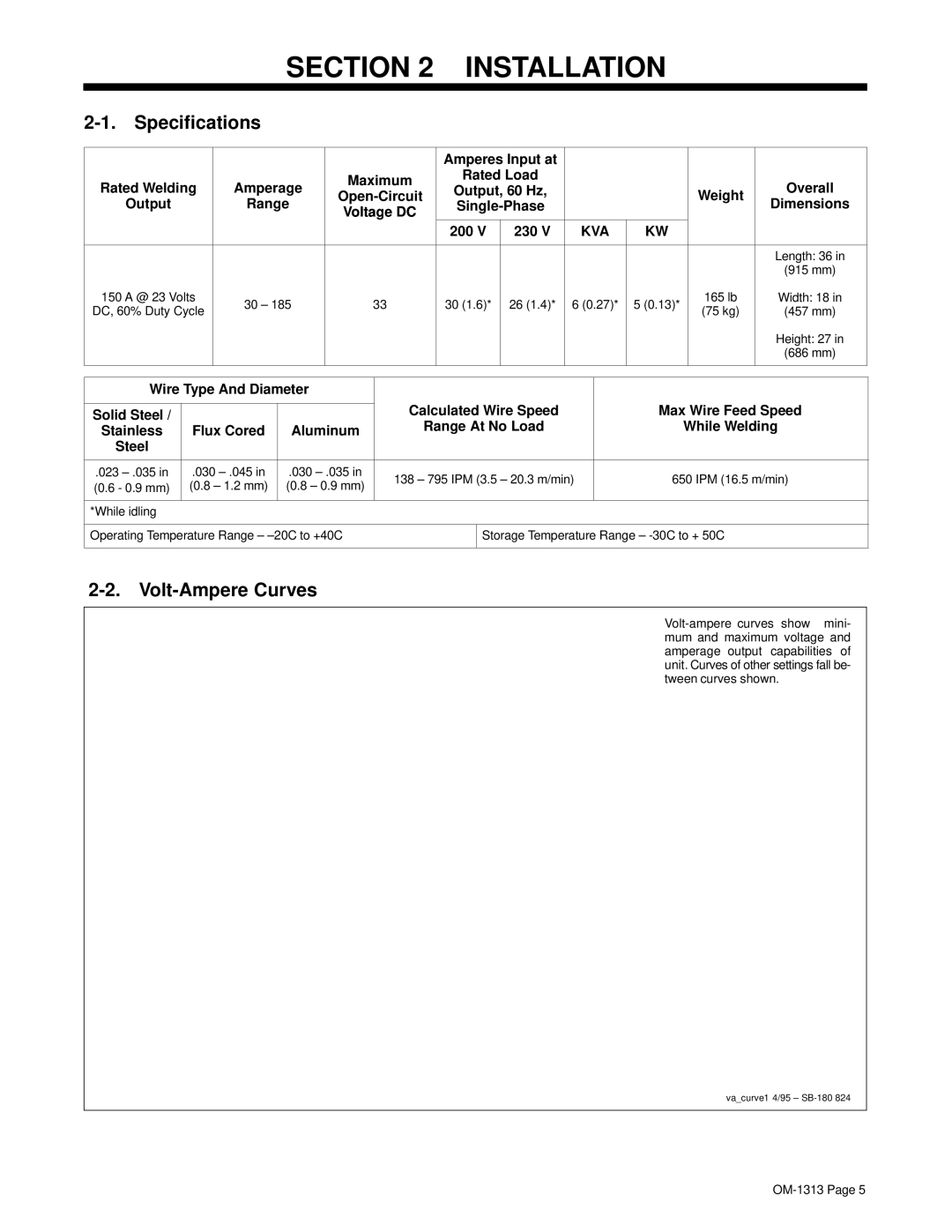 Miller Electric OM-1313 manual Installation, Specifications, Volt-Ampere Curves 