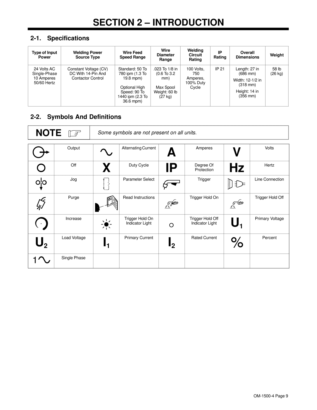 Miller Electric OM-1500-4 manual Introduction, Specifications, Symbols And Definitions, Rating 