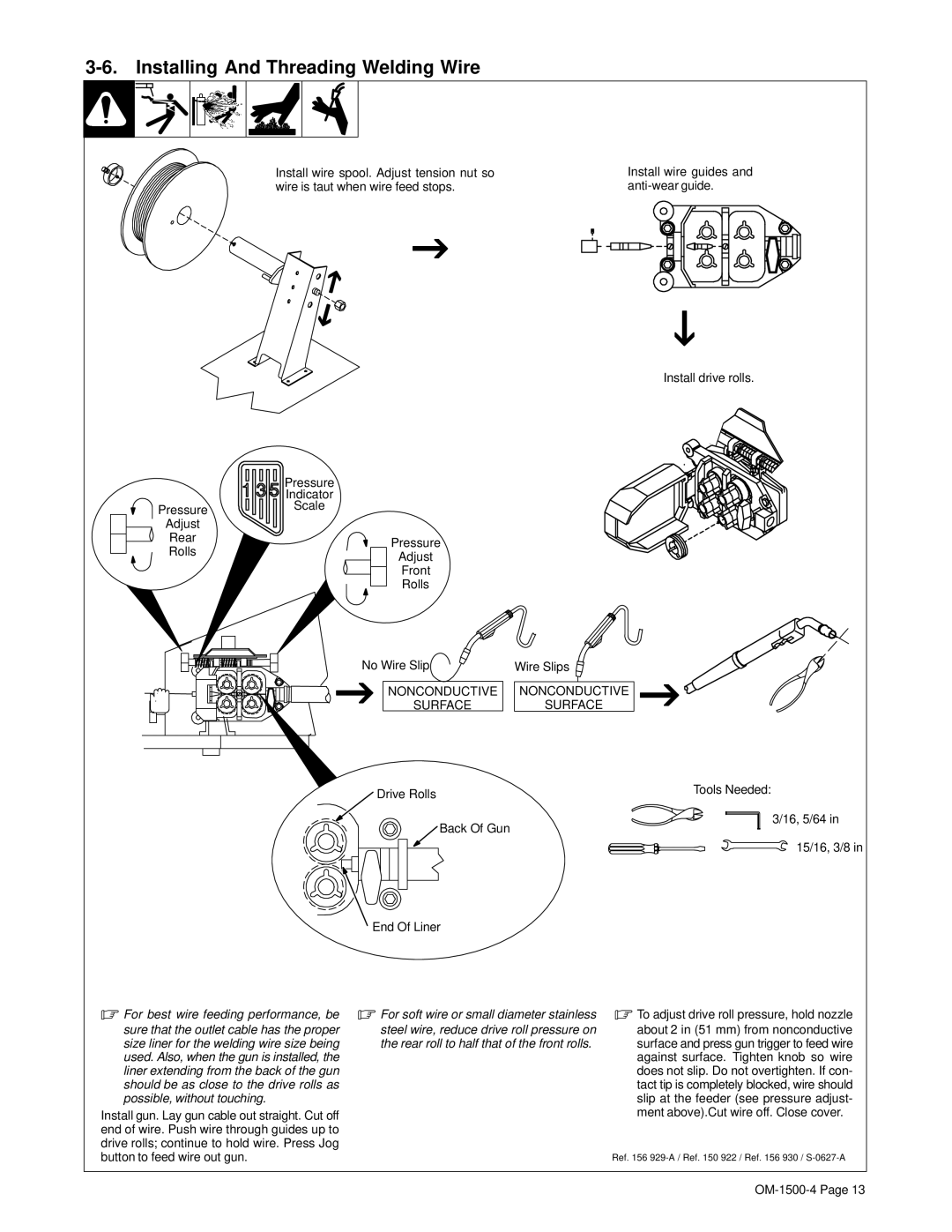 Miller Electric OM-1500-4 manual Installing And Threading Welding Wire, Rear roll to half that of the front rolls 