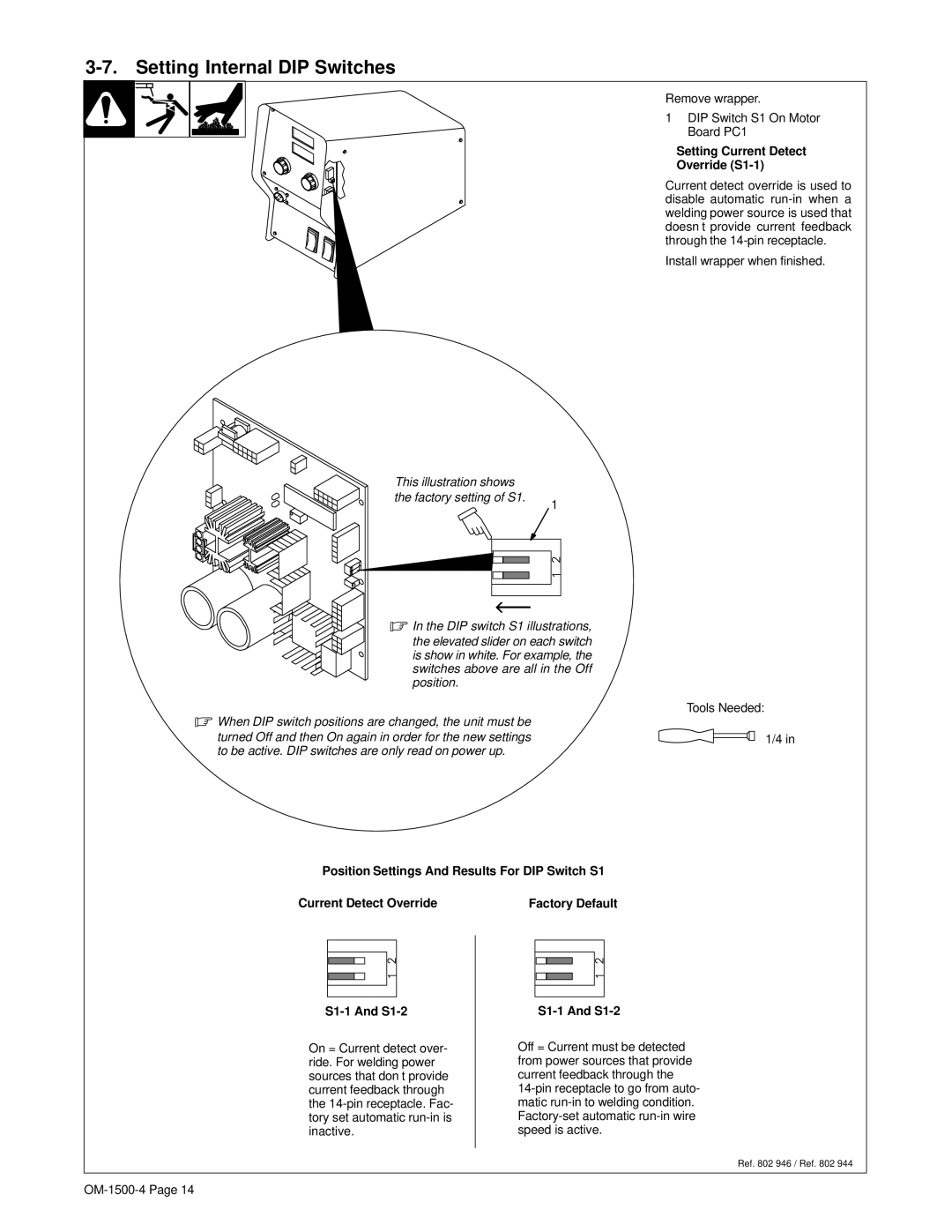 Miller Electric OM-1500-4 manual Setting Internal DIP Switches, S1-1 And S1-2 
