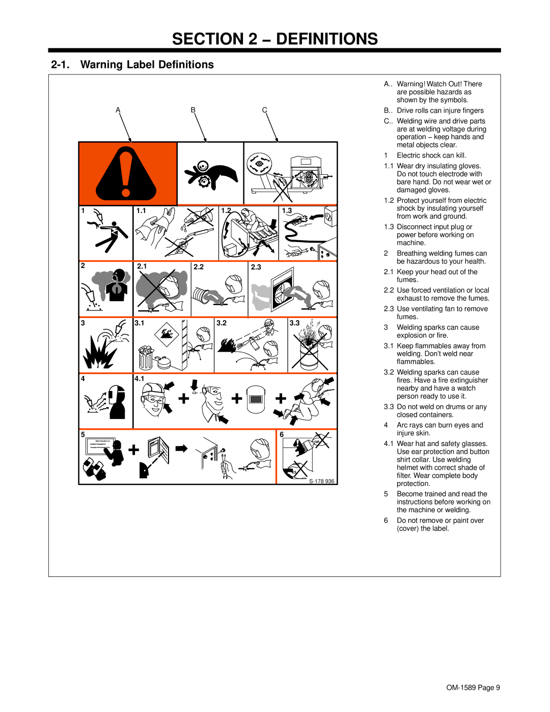 Miller Electric OM-1589 manual Definitions, Drive rolls can injure fingers, Keep your head out of the fumes 